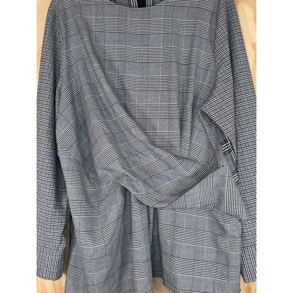 Halogen 2X Black White Plaid Houndstooth Faux Tie Waist Shirt Long Sleeve Blouse - Picture 3 of 10